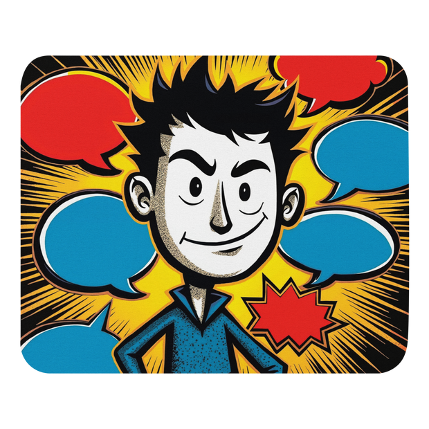 A square mousepad with rounded corners featuring a vibrant comic book style illustration of a smiling cartoon character with black hair, a blue shirt, and colorful speech bubbles in red and blue against a yellow and black background.