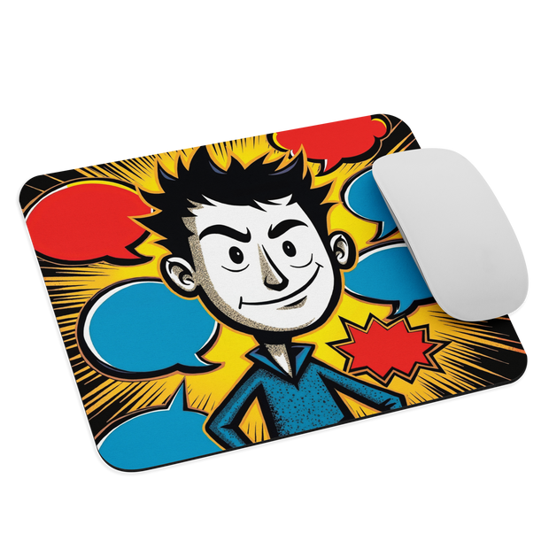 A rectangular computer mouse pad with a colorful comic-style cartoon character printed on it, shown on a white background with a white mouse resting on top.