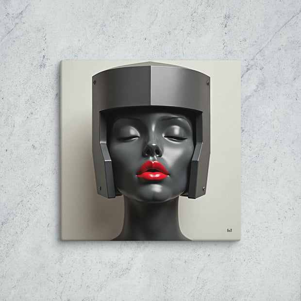 Modern art piece of a stylized face with red lips on a textured wall.