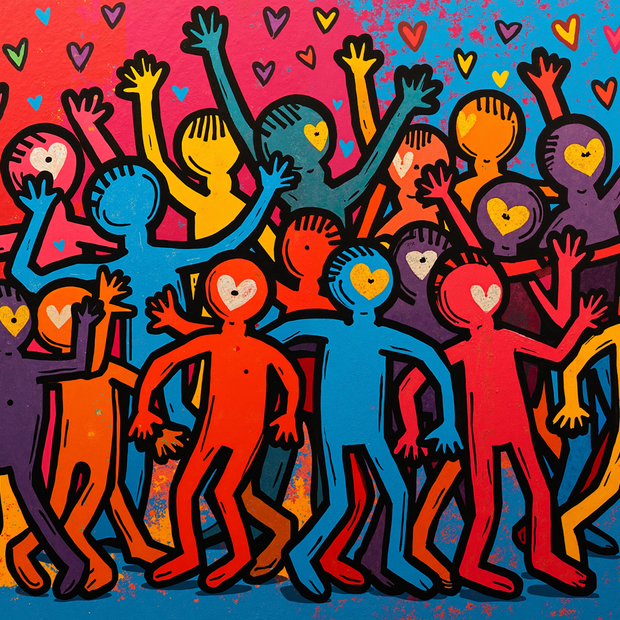 Colorful illustration of abstract human figures with raised arms on a multicolored background.