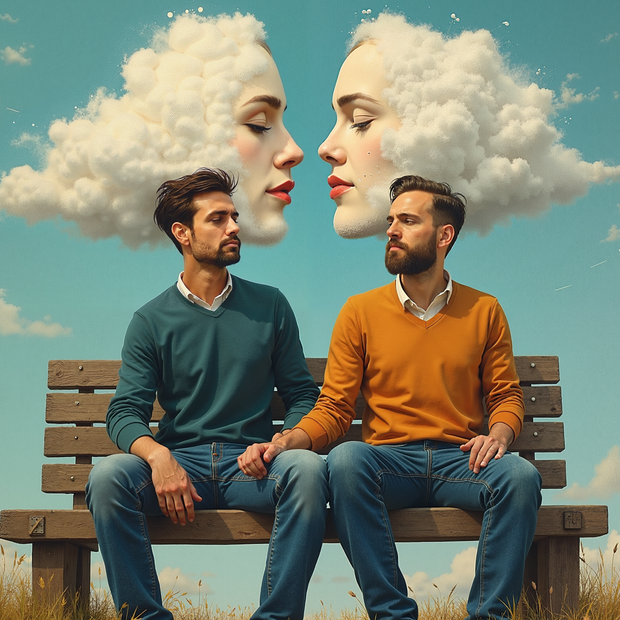 Two men sitting on a bench looking at each other with cloud faces above their heads in a scenic outdoor setting.