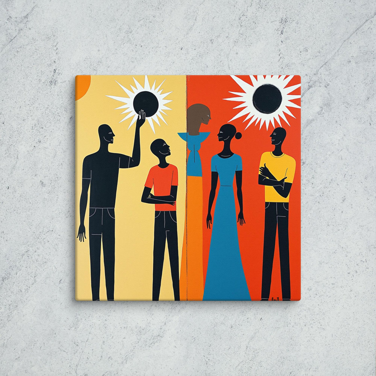 Colorful canvas print with stylized figures and suns on a textured wall.