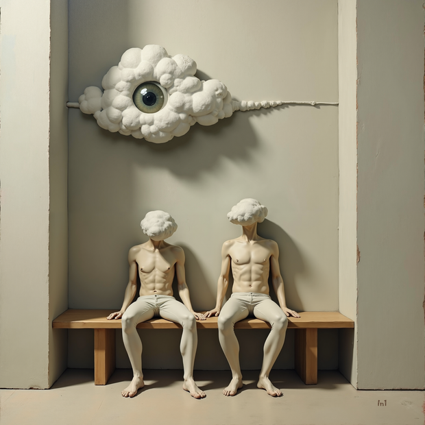 Two figures with cloud-like heads sitting on a bench below a cloud with an eye.