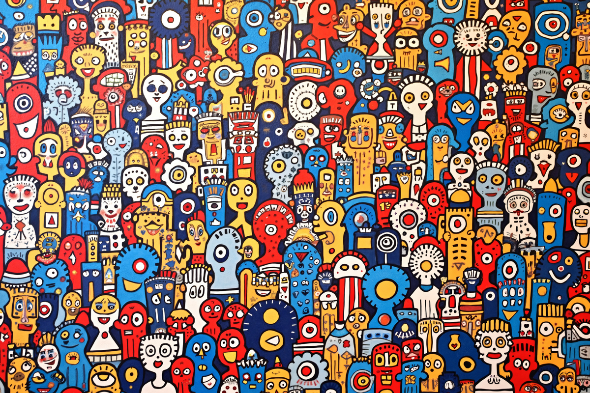 Colorful pattern of abstract characters on a blue background