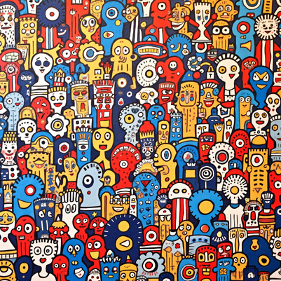 Colorful pattern of abstract characters on a blue background