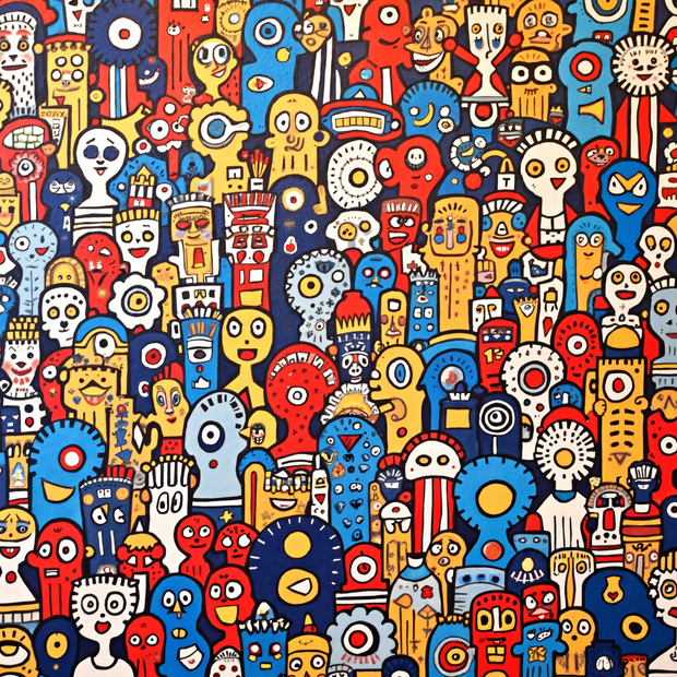 Colorful pattern of abstract characters on a blue background