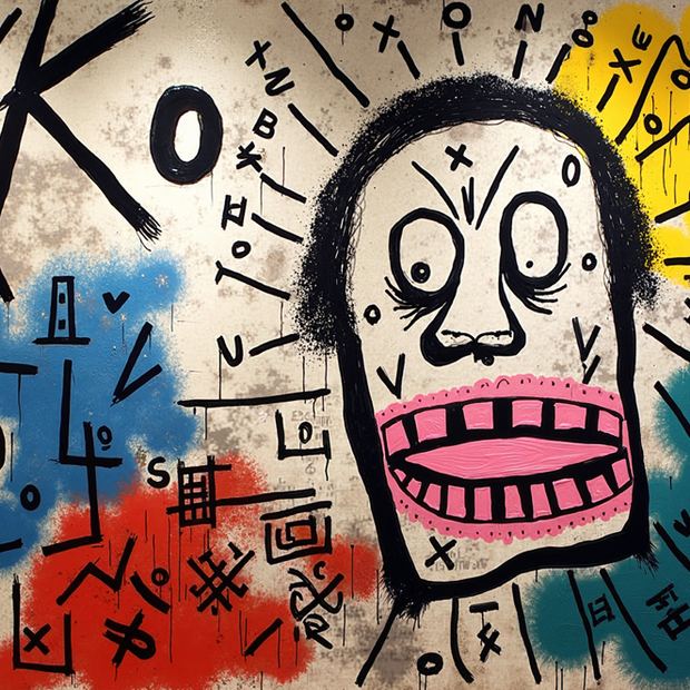 Abstract artwork with a stylized face and various symbols on a textured background