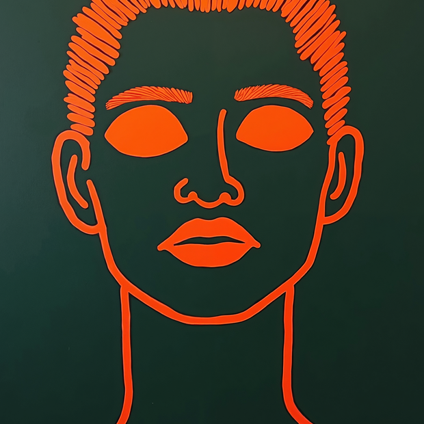 Artistic depiction of a face with orange lines on a black background