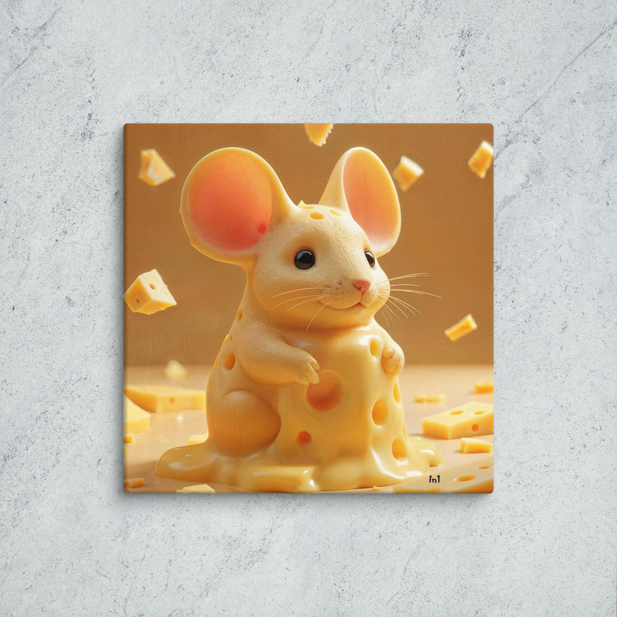 Sculpture of a mouse made of cheese on a textured gray background