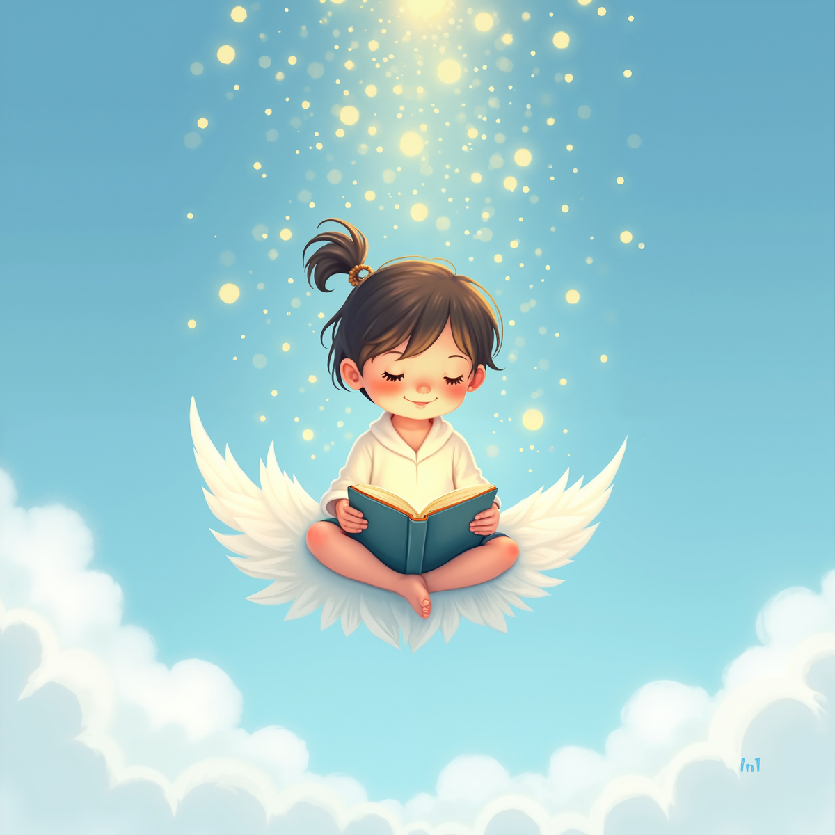 Illustration of a child with angel wings reading a book on a cloud