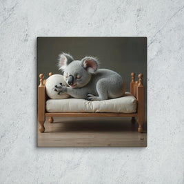 Koala on a small wooden bed with a white pillow against a gray background