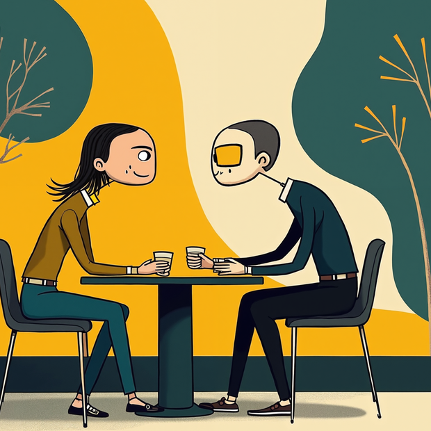 Illustration of a man and woman sitting at a table with a yellow and green background