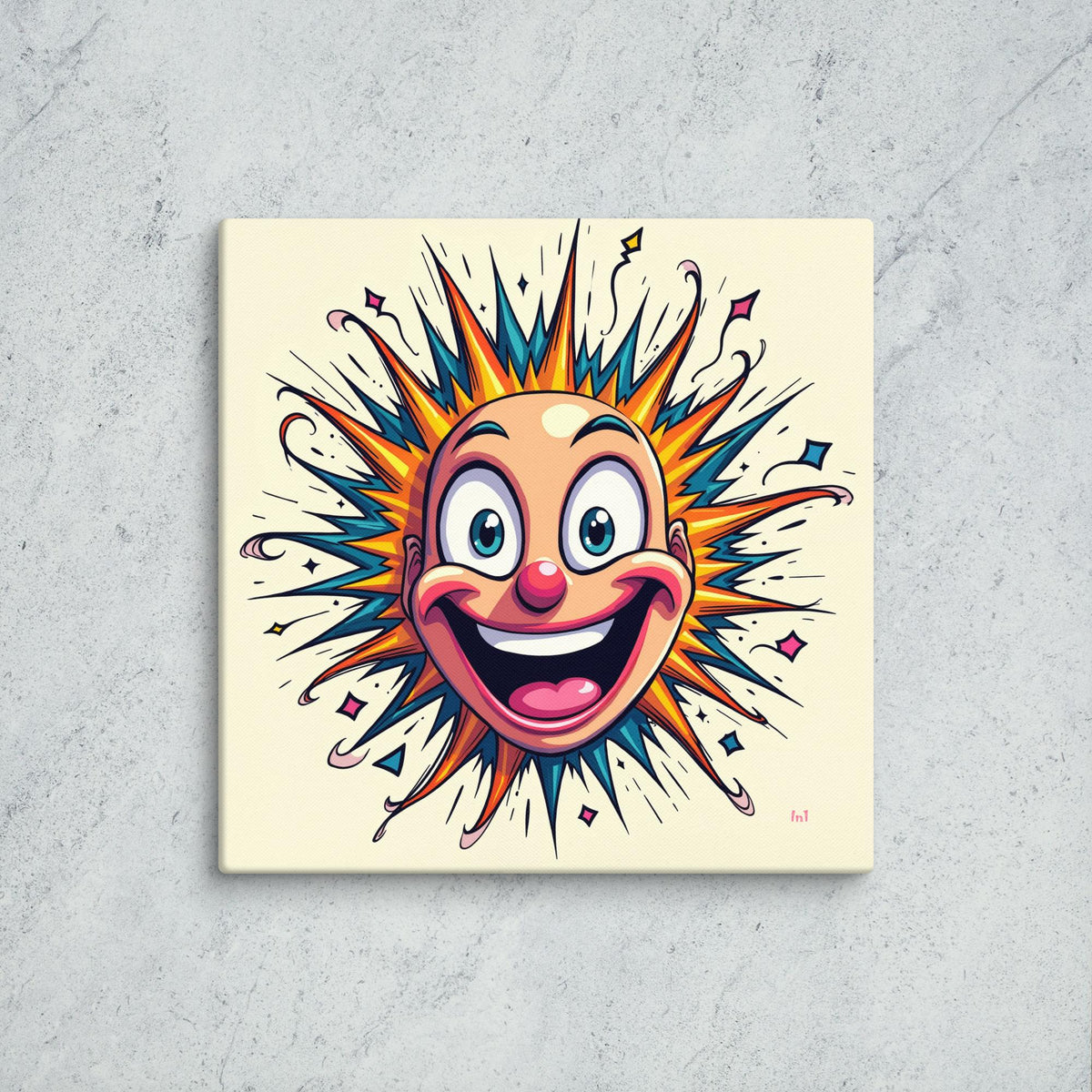 Colorful cartoonish face with starburst design on a beige background