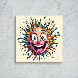 Colorful cartoonish face with starburst design on a beige background
