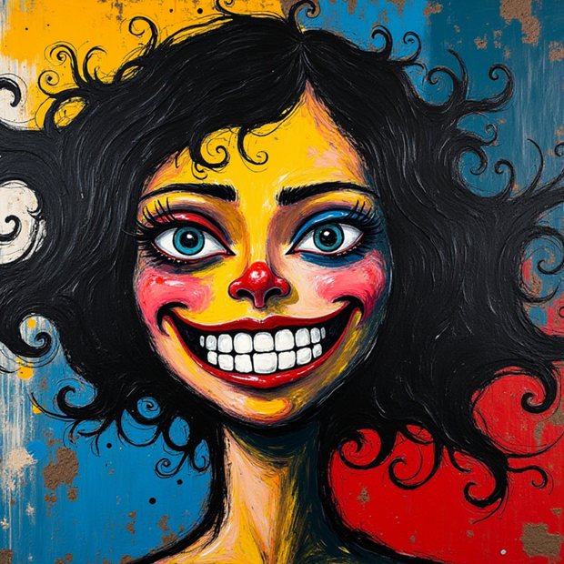 Colorful artwork of a stylized face with black hair on a multicolored background