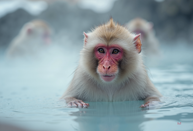 Monkeys in a hot spring with a blurred background
