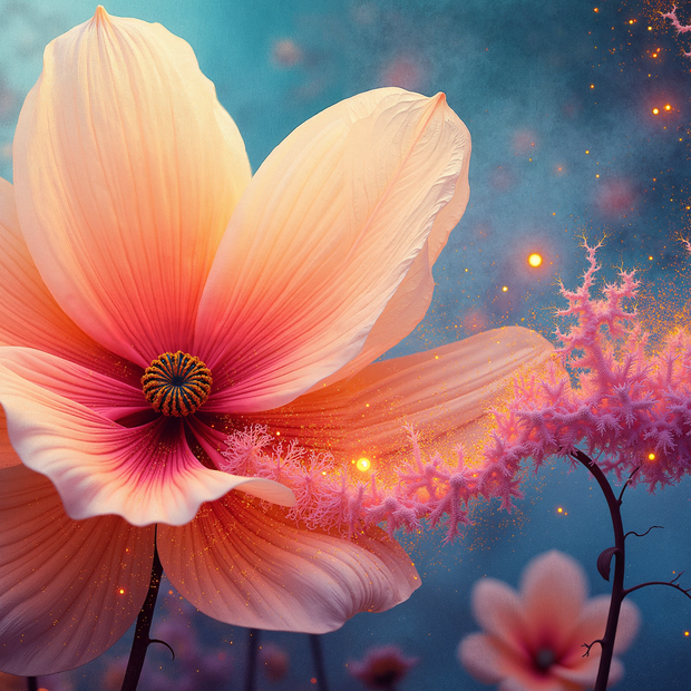 Large pink flower with a mystical background