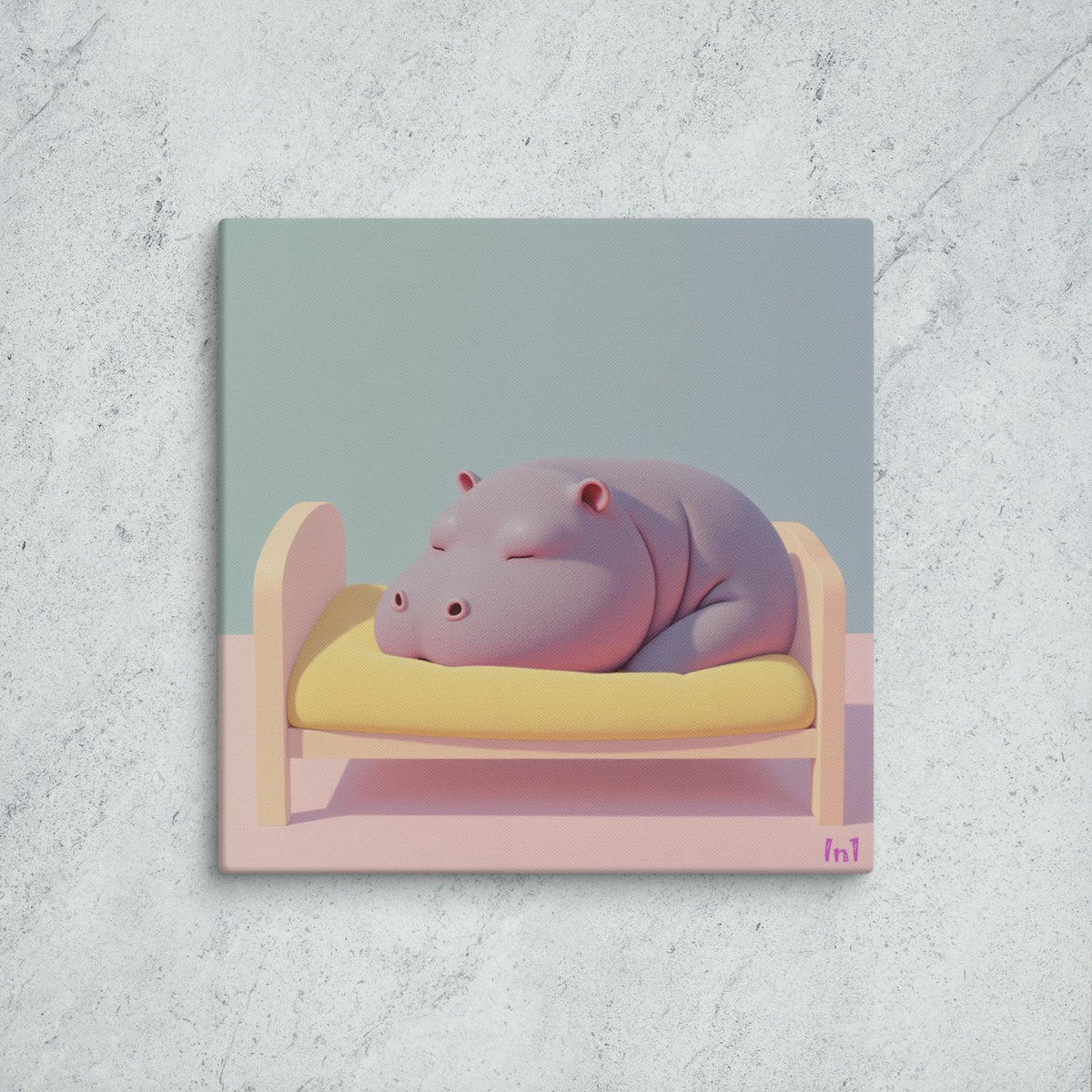 Canvas print of a animated hippo sleeping on a bed with a light gray background