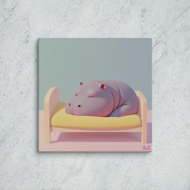Canvas print of a animated hippo sleeping on a bed with a light gray background