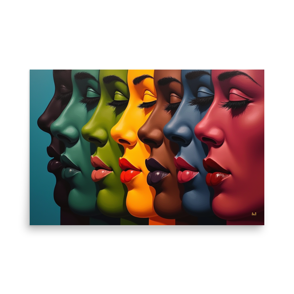 Colorful depiction of a woman's face with closed eyes on a white background