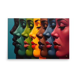 Colorful depiction of a woman's face with closed eyes on a white background
