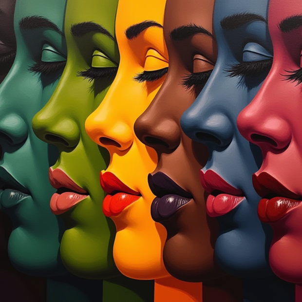 Colorful faces with different skin tones and eye colors on a blue background