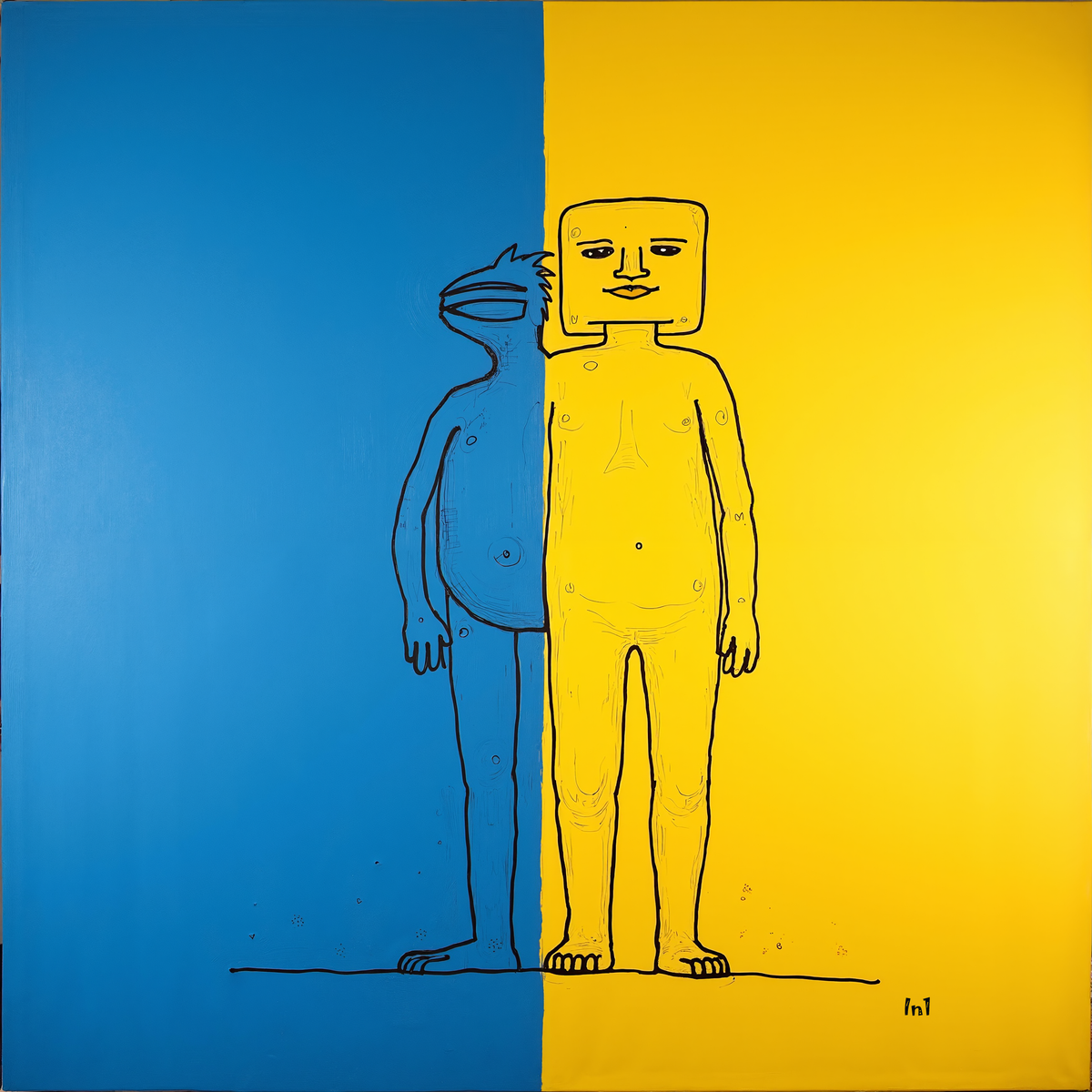 Surreal artwork of a figure with a head on a yellow and blue background