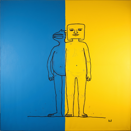 Surreal artwork of a figure with a head on a yellow and blue background