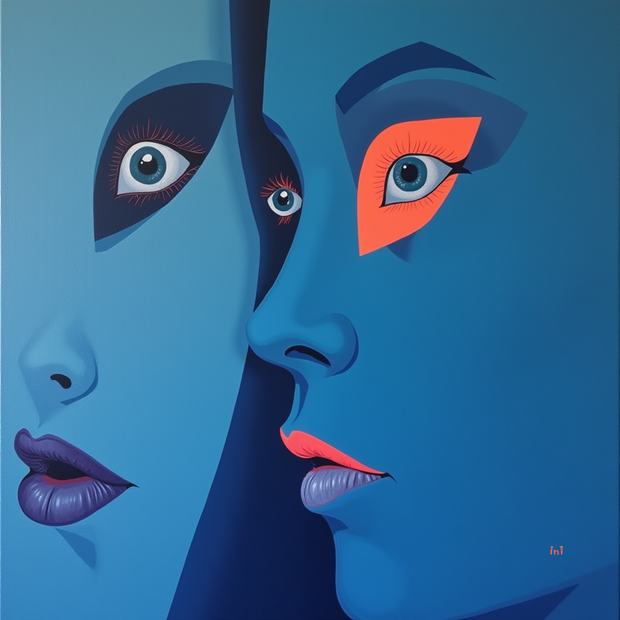 Abstract artwork of two faces with blue and orange colors on a blue background