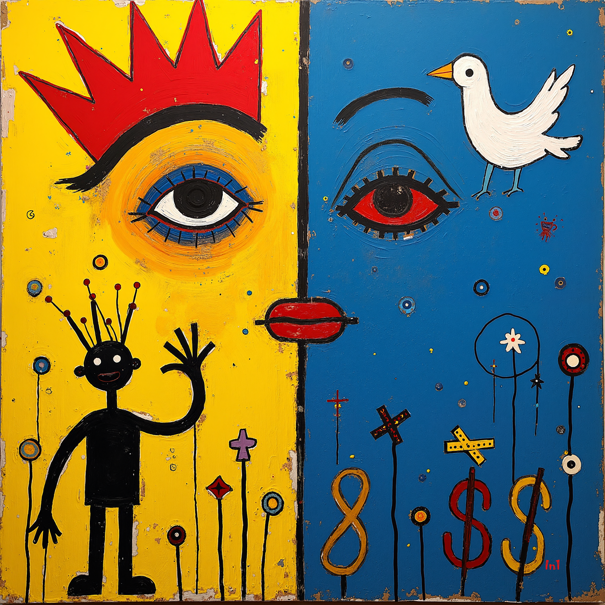 Abstract artwork with yellow and blue sections featuring eyes, a bird, and abstract figures.