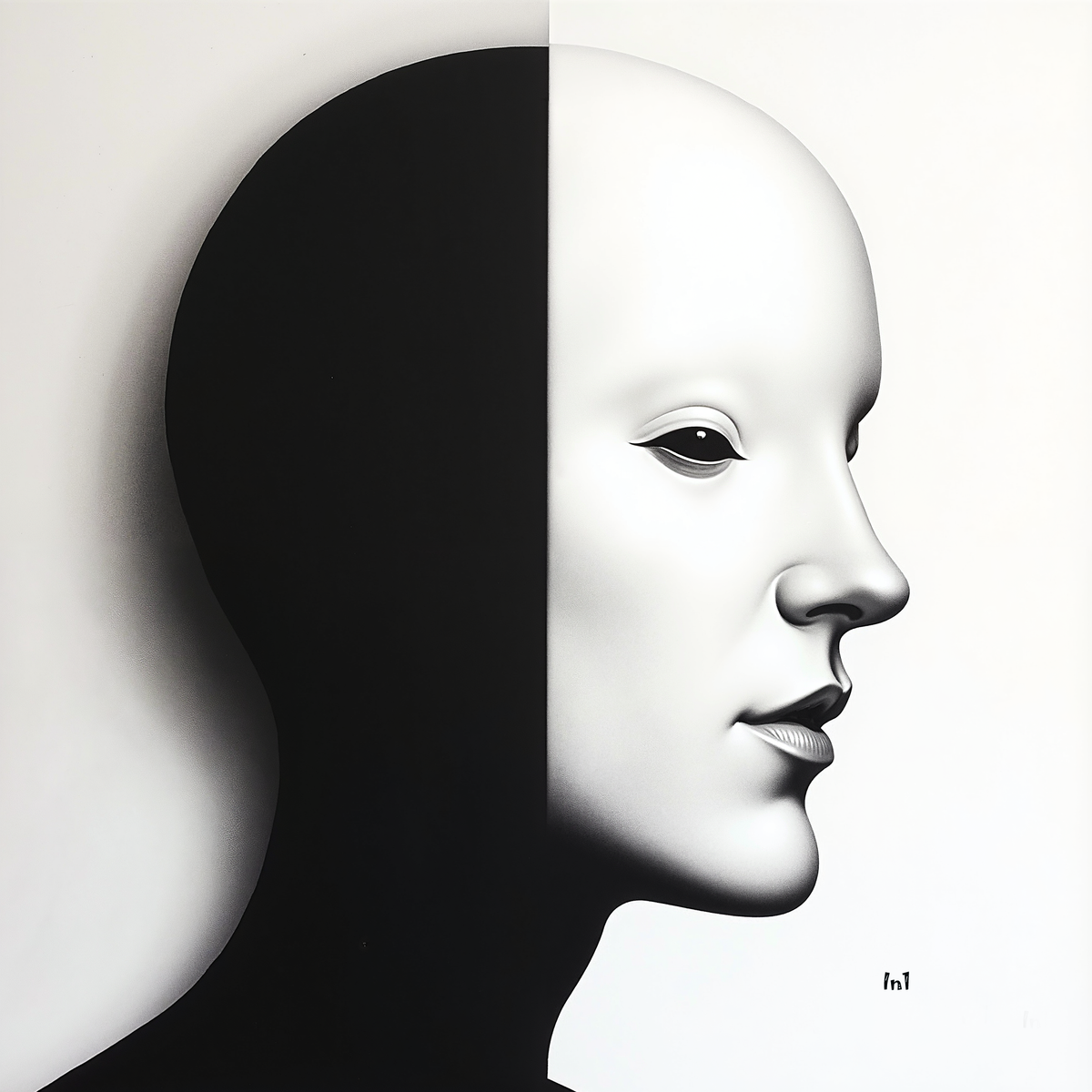 Black and white abstract art of a face with a minimalistic design.