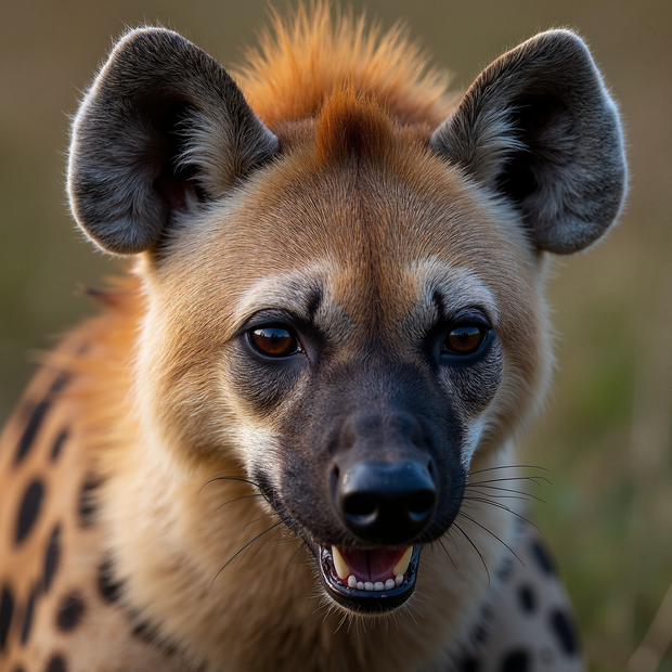 Close-up of a spotted hyena with a blurred natural background