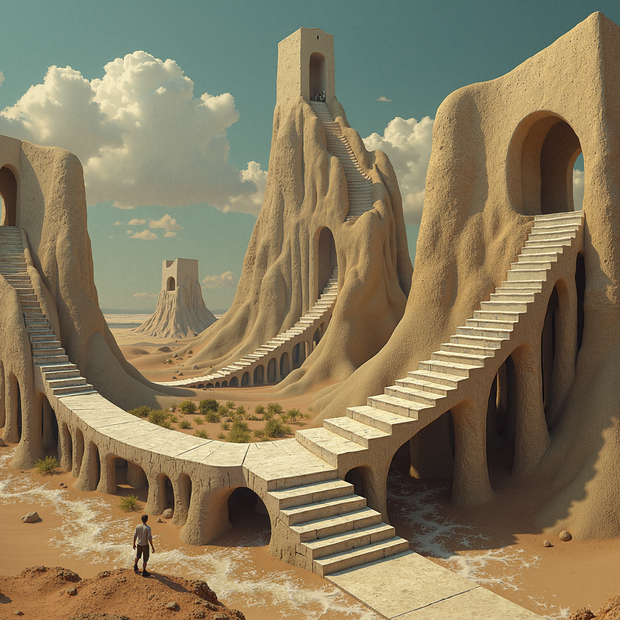 Desert landscape with large sandstone structures with interconnecting stairs and a person standing in front.