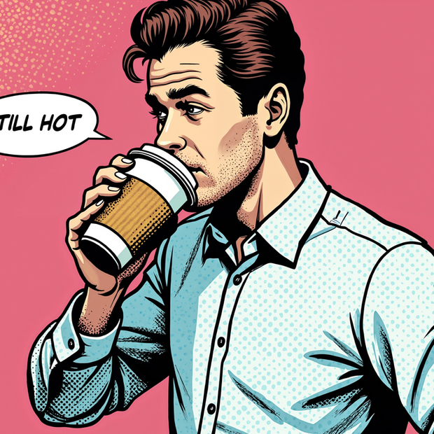 Comic-style illustration of a man drinking coffee with a speech bubble saying 'STILL HOT' on a pink background.