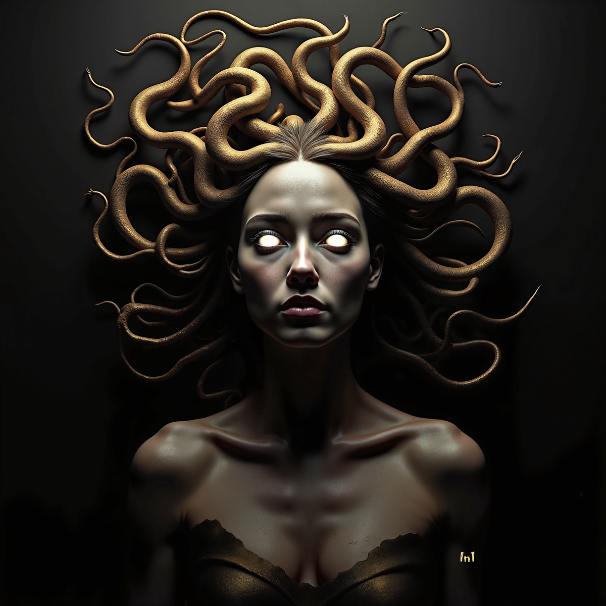 Medusa like. Artistic depiction of a woman with intricate, flowing hair on a dark background. White eyes.