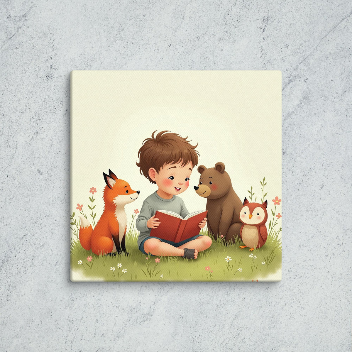 Illustration of a boy reading to a fox, bear, and owl on a grassy patch.