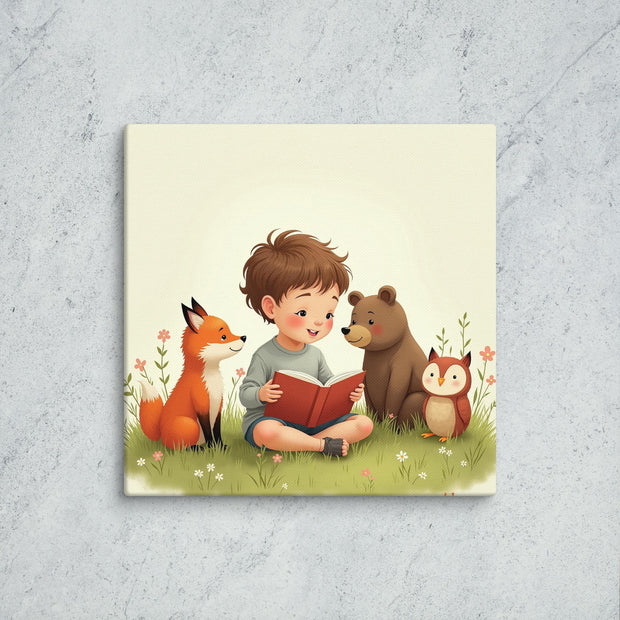 Illustration of a boy reading to a fox, bear, and owl on a grassy patch.