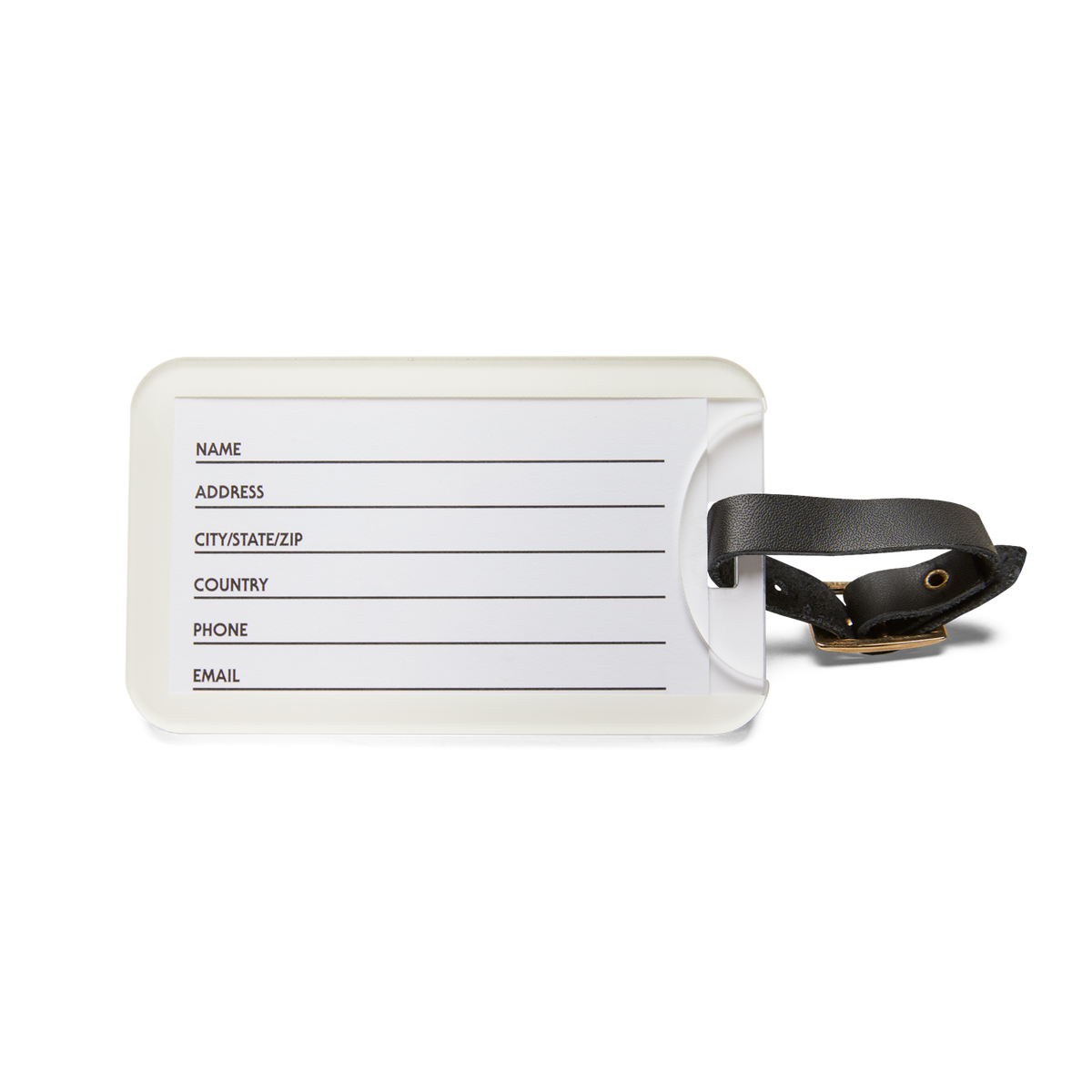 White luggage tag with black text field on a white background