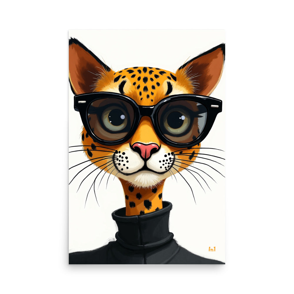 Leopard wearing sunglasses and a black turtleneck on a white background