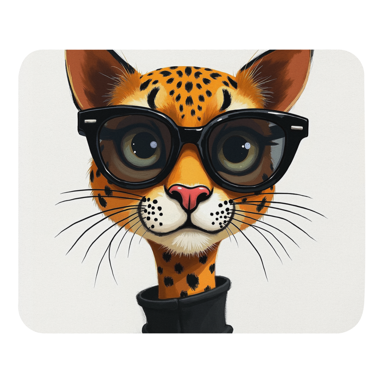 A mouse pad with rounded corners featuring a cartoon illustration of a leopard cat wearing oversized black sunglasses and a black top, centered on a light gray background.