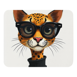 A mouse pad with rounded corners featuring a cartoon illustration of a leopard cat wearing oversized black sunglasses and a black top, centered on a light gray background.