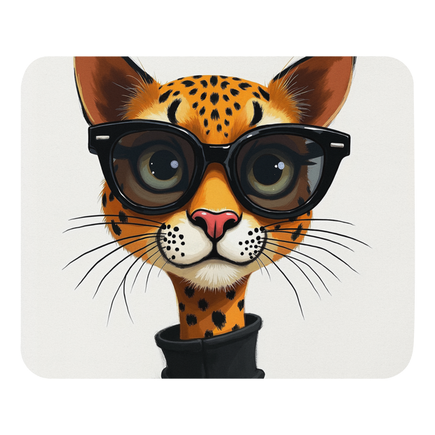 A mouse pad with rounded corners featuring a cartoon illustration of a leopard cat wearing oversized black sunglasses and a black top, centered on a light gray background.