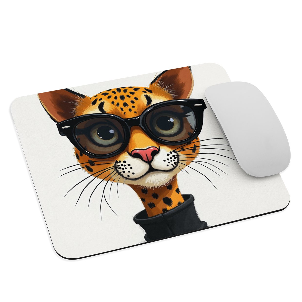 A mouse pad with rounded corners featuring a cartoon illustration of a leopard wearing black sunglasses and a black top. A white computer mouse is placed on the right side of the pad against a plain white background.