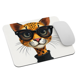 A mouse pad with rounded corners featuring a cartoon illustration of a leopard wearing black sunglasses and a black top. A white computer mouse is placed on the right side of the pad against a plain white background.