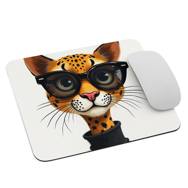 A mouse pad with rounded corners featuring a cartoon illustration of a leopard wearing black sunglasses and a black top. A white computer mouse is placed on the right side of the pad against a plain white background.