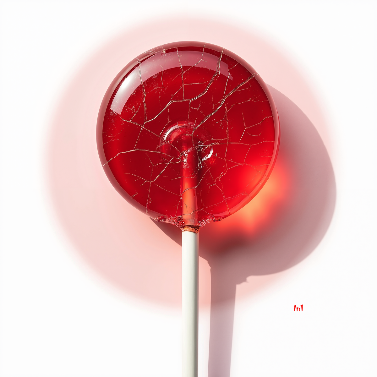 Red lollipop with a cracked texture on a white background