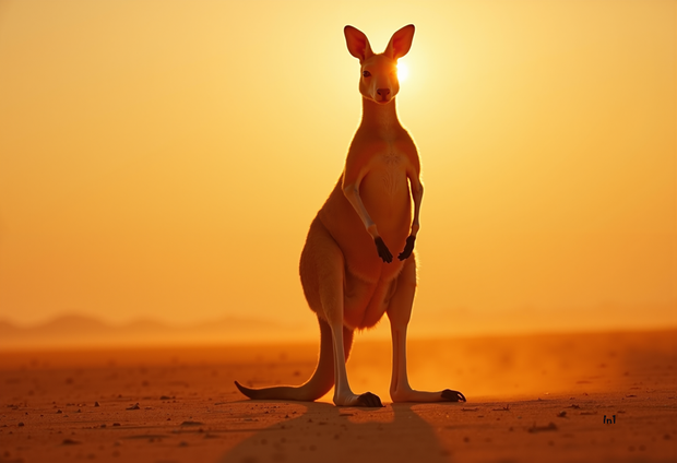 Kangaroo standing on a sandy plain with a warm, orange sunset in the background