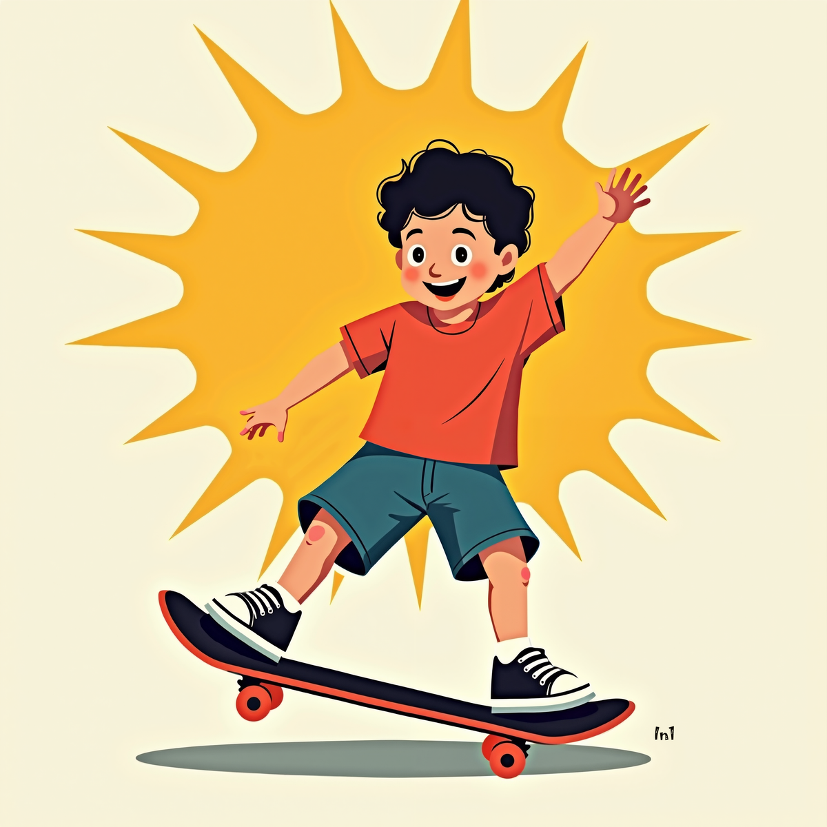 Illustration of a child on a skateboard with a bright sun in the background