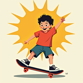 Illustration of a child on a skateboard with a bright sun in the background