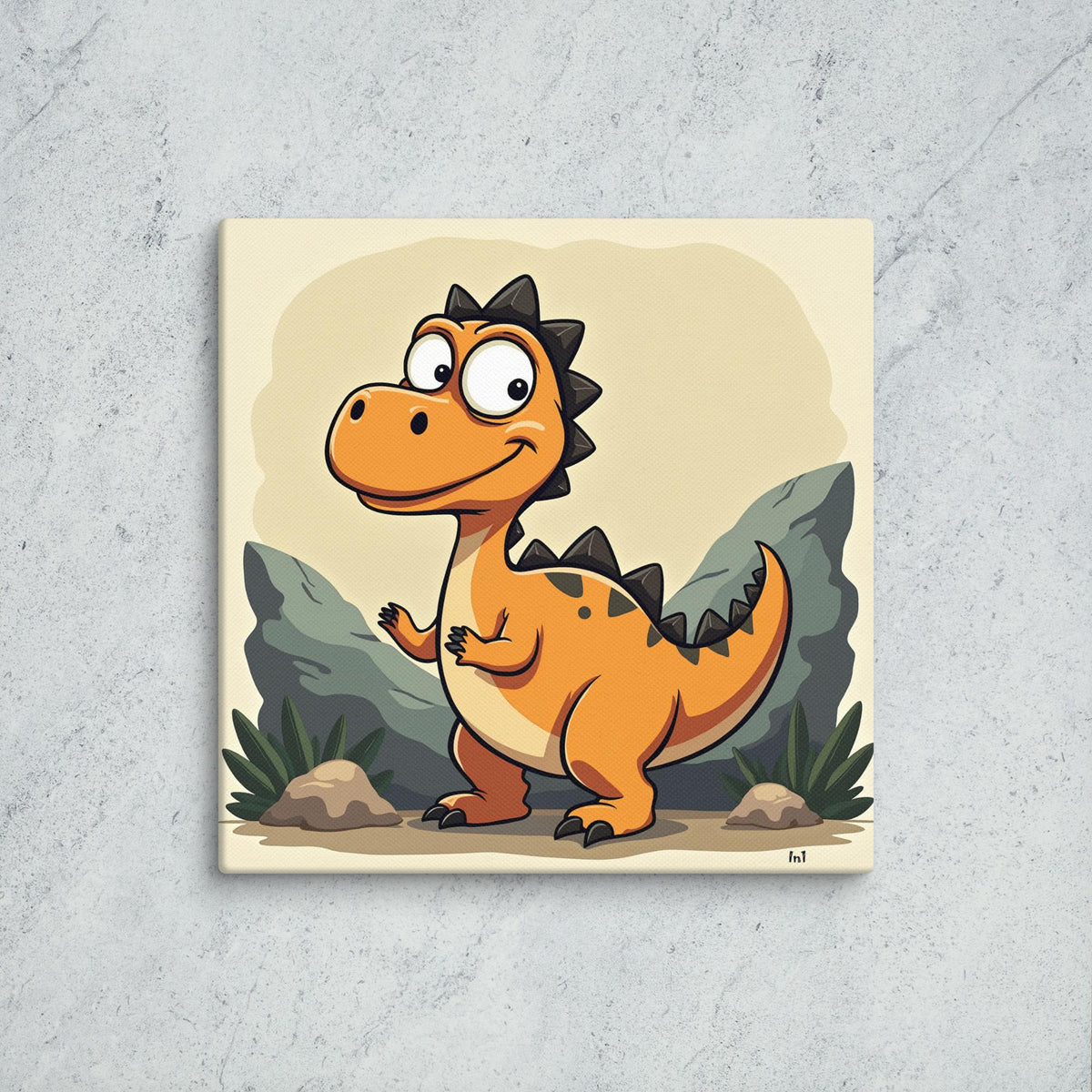 Cartoon dinosaur illustration on a textured gray background